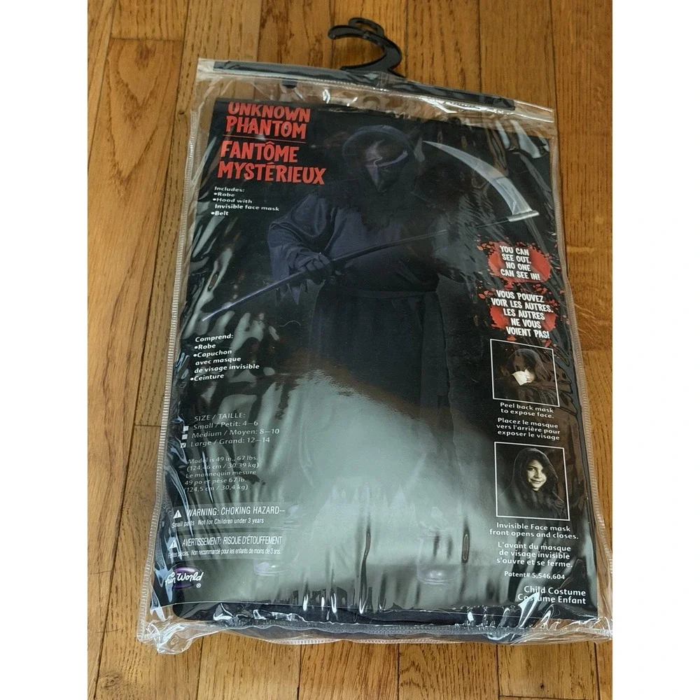 Fun World Unknown Phantom Halloween Costume Kids Large 12-14 Black Robe Mask